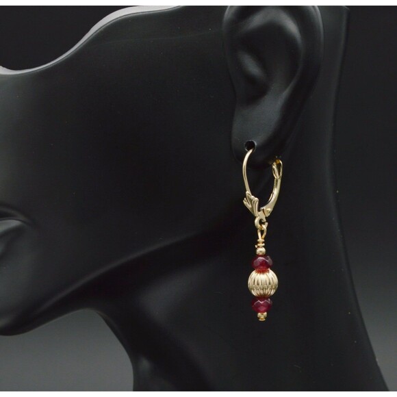 New 14K Solid Gold Natural Ruby and Corrugated Beaded Leverback Earrings